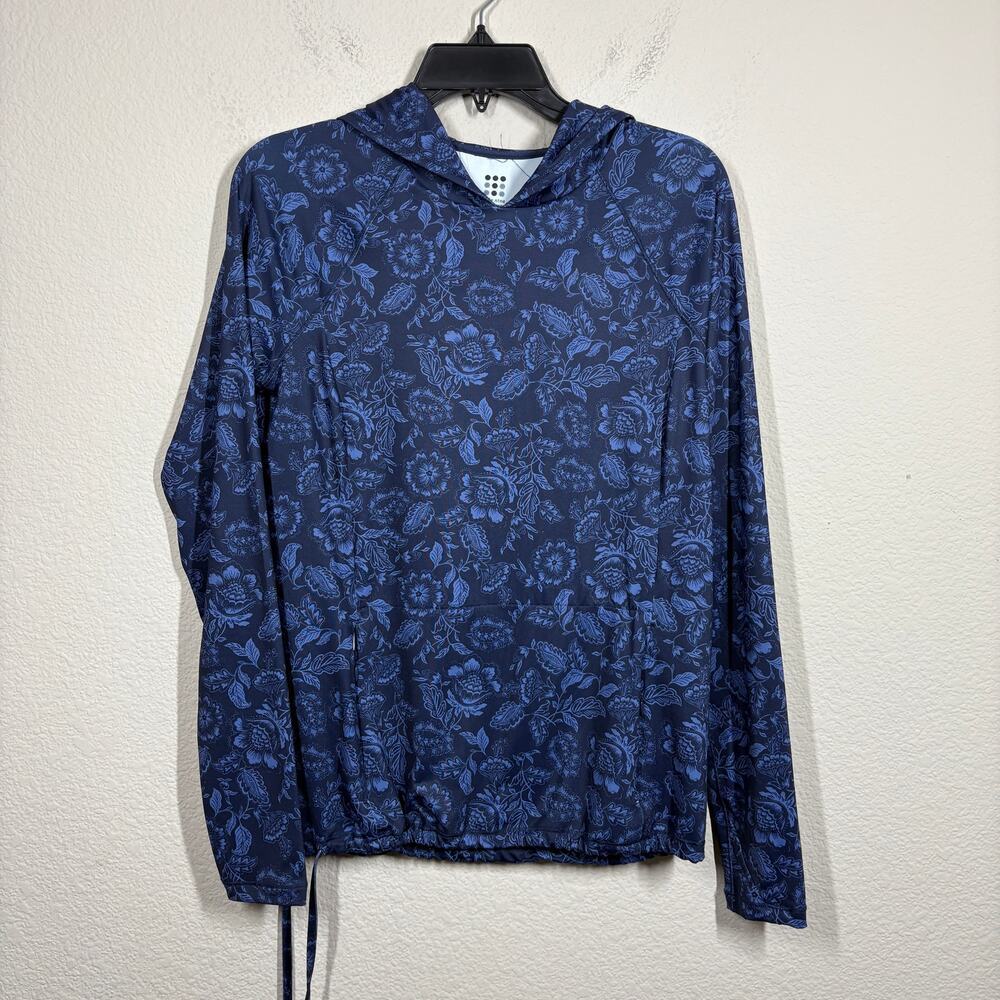 Title Nine Size Small Pullover Hoodie Blue Floral Drawstring Hem Long Sleeves
